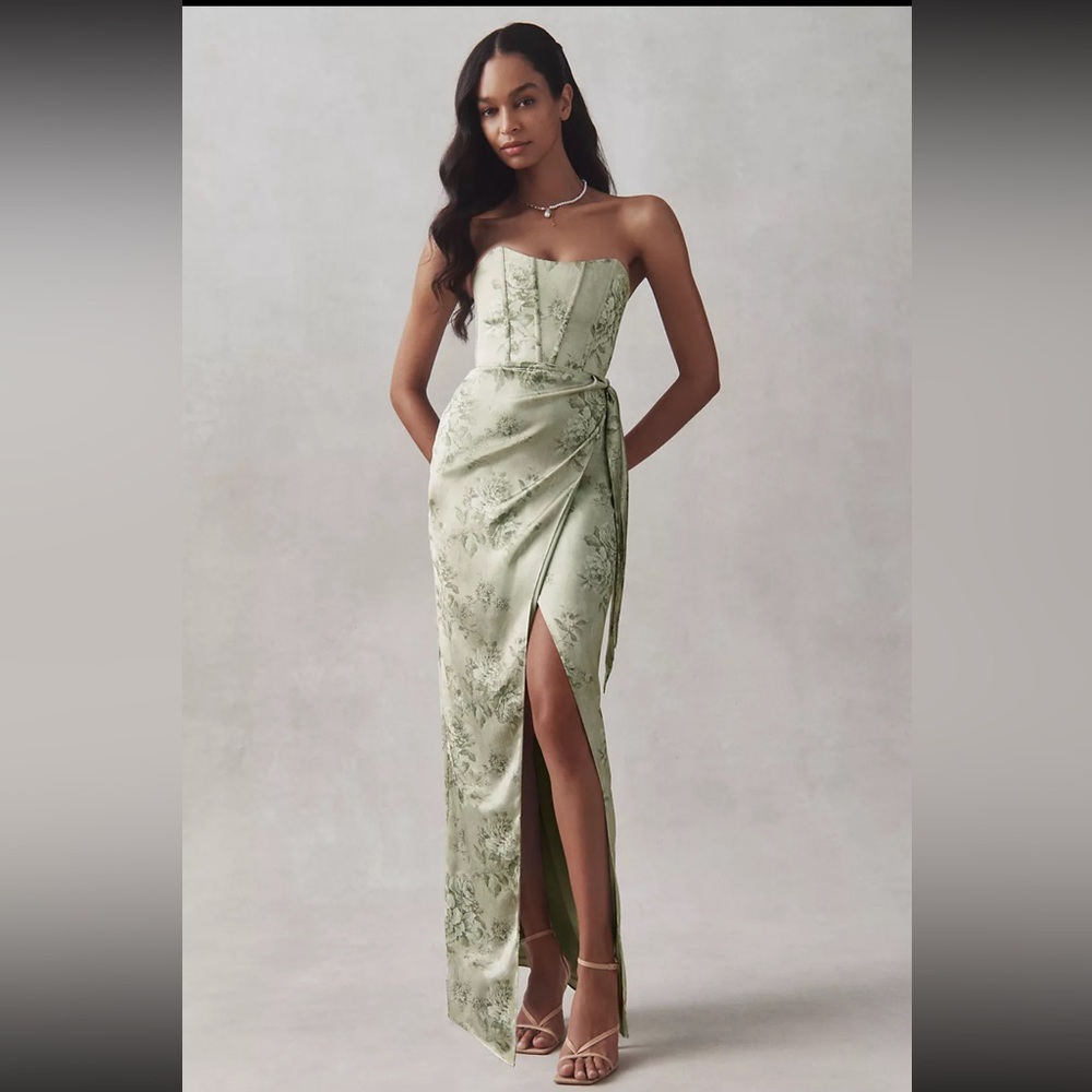 V. Chapman June Printed Corset Front-Slit Satin Gown - Size 8